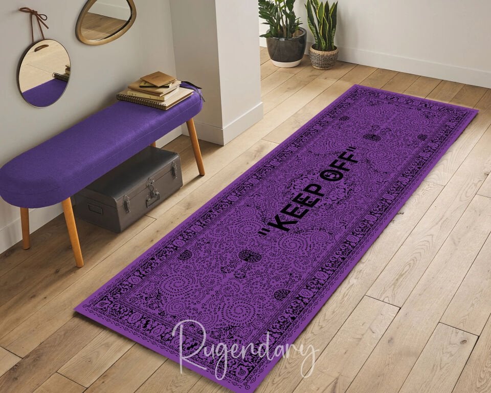 Purple Kitchen Runner Rug with “KEEP OFF” Quote – Modern Non-Slip Cooking Space Carpet
