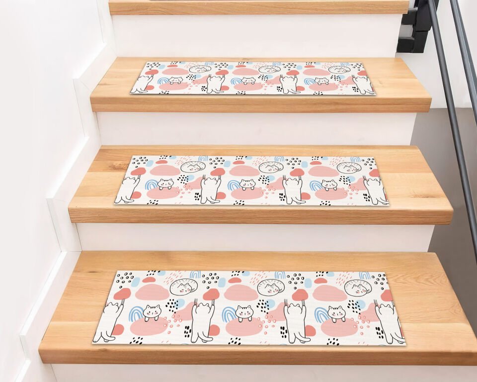 Cute Cat Pattern Stair Treads – Playful White Cats with Abstract Pastel Shapes
