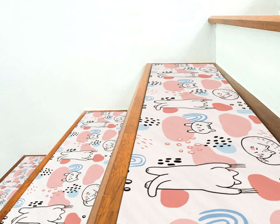 Cute Cat Pattern Stair Treads – Playful White Cats with Abstract Pastel Shapes