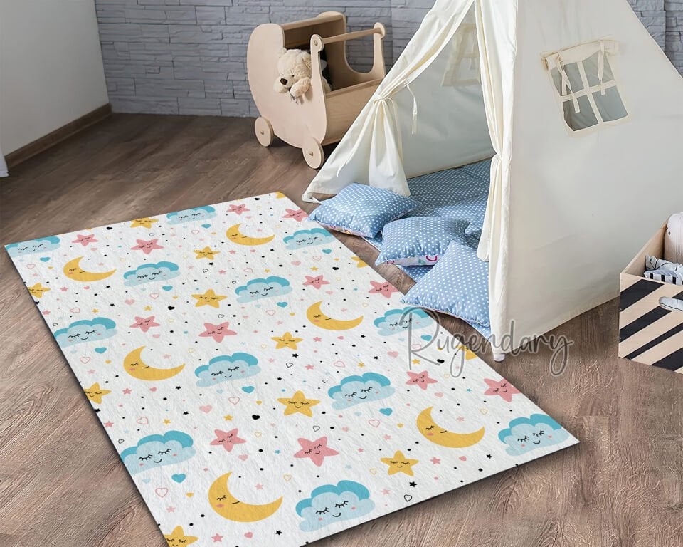 Cute Kids Area Rug with Moon, Star & Cloud Design – Soft & Durable Carpet