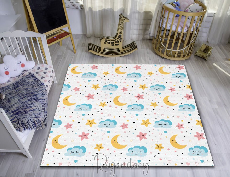 Cute Kids Area Rug with Moon, Star & Cloud Design – Soft & Durable Carpet