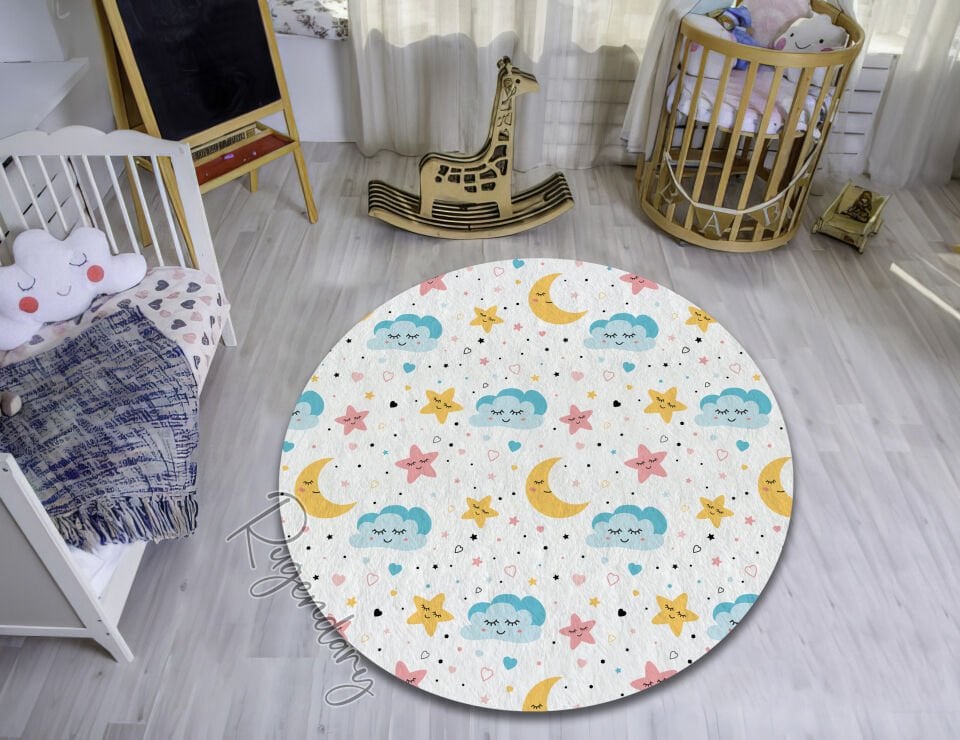 Cute Kids Area Rug with Moon, Star & Cloud Design – Soft & Durable Carpet