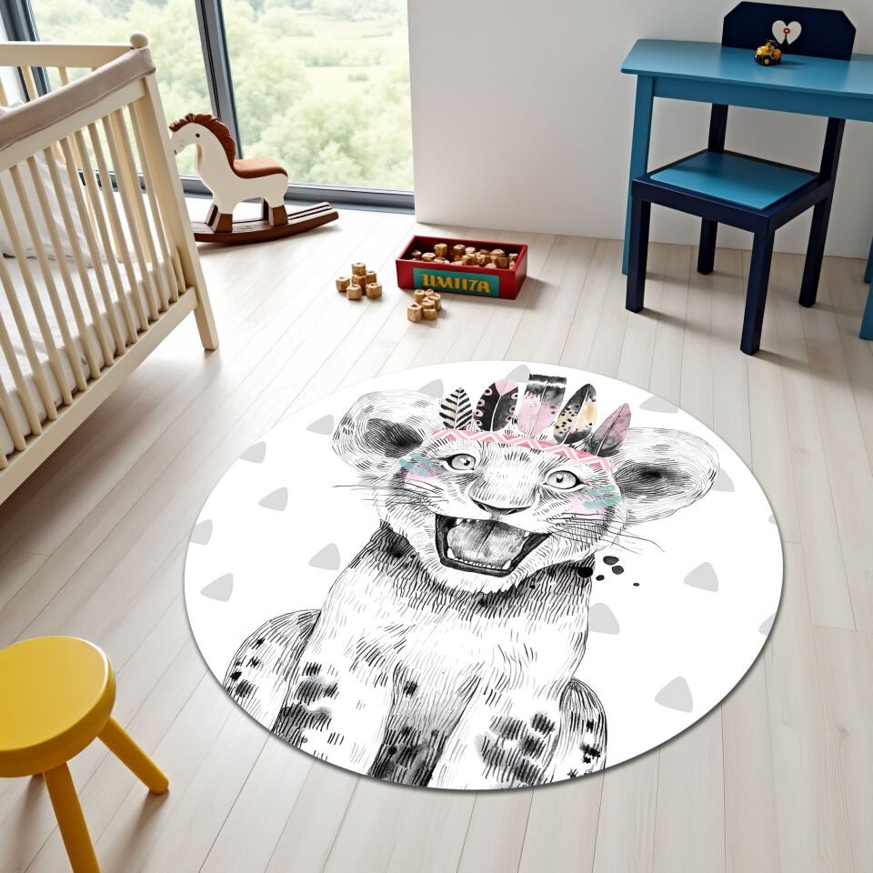 Playful Tribal Baby Lion Rug – Soft Kids Room Carpet