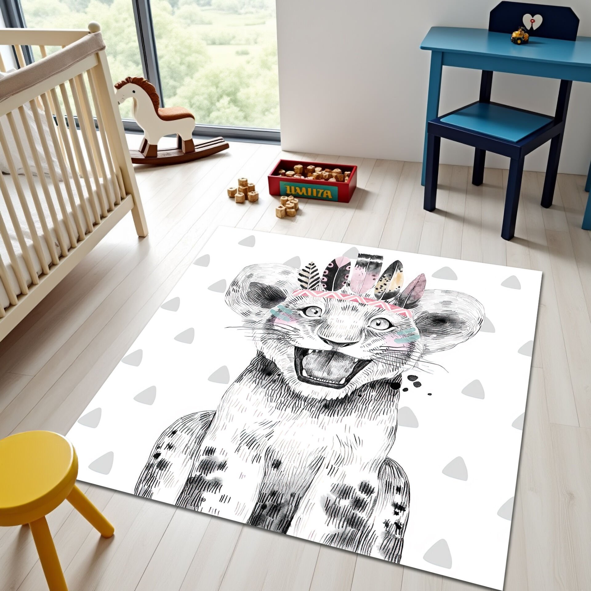 Playful Tribal Baby Lion Rug – Soft Kids Room Carpet