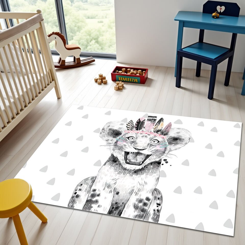 Playful Tribal Baby Lion Rug – Soft Kids Room Carpet