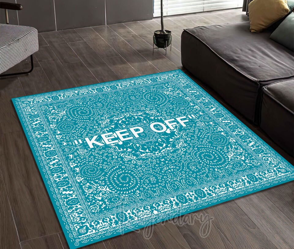 Modern Square Rug with Bold ''KEEP OFF'' Statement – Teal Decorative Carpet