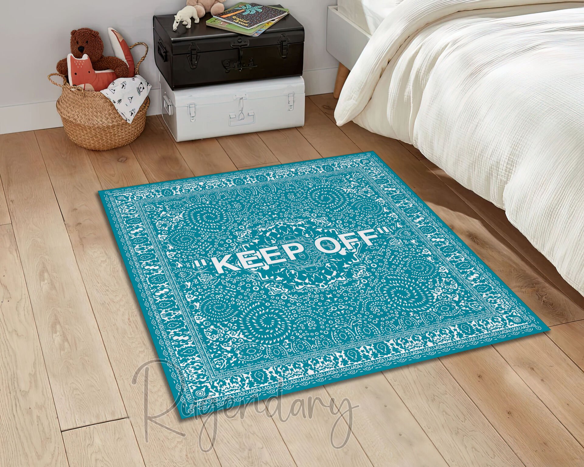 Modern Square Rug with Bold ''KEEP OFF'' Statement – Teal Decorative Carpet