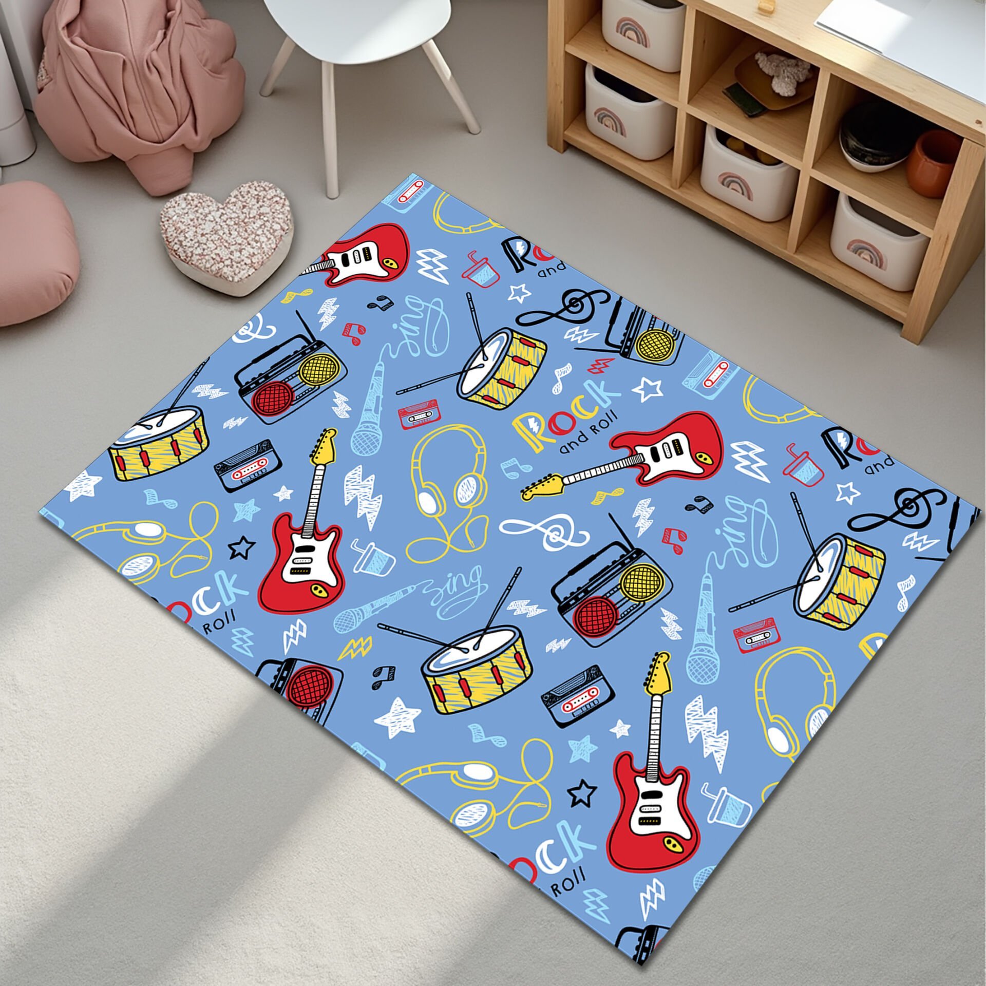 Rock and Roll Themed Kids Rug – Colorful Music Pattern Carpet for Boys and Girls Playroom or Bedroom