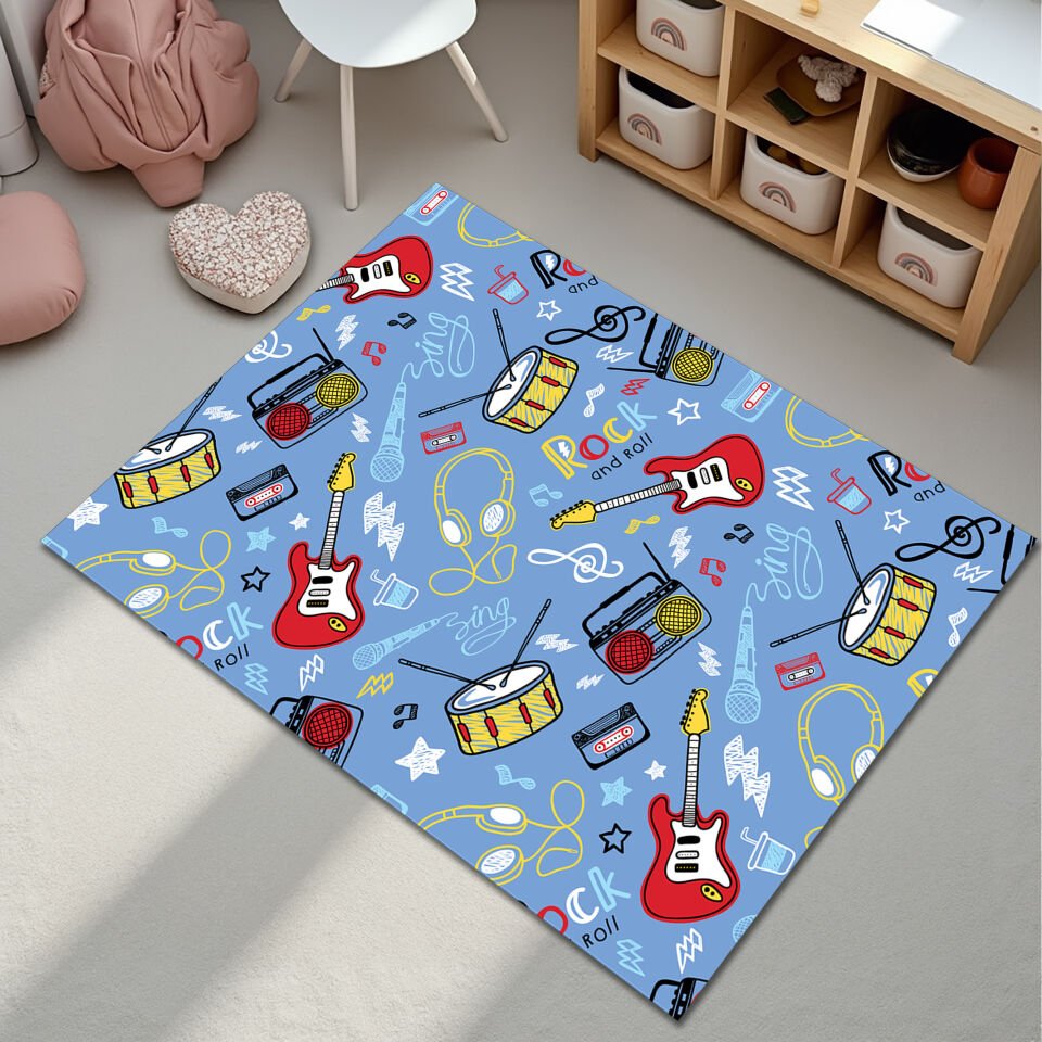 Rock and Roll Themed Kids Rug – Colorful Music Pattern Carpet for Boys and Girls Playroom or Bedroom