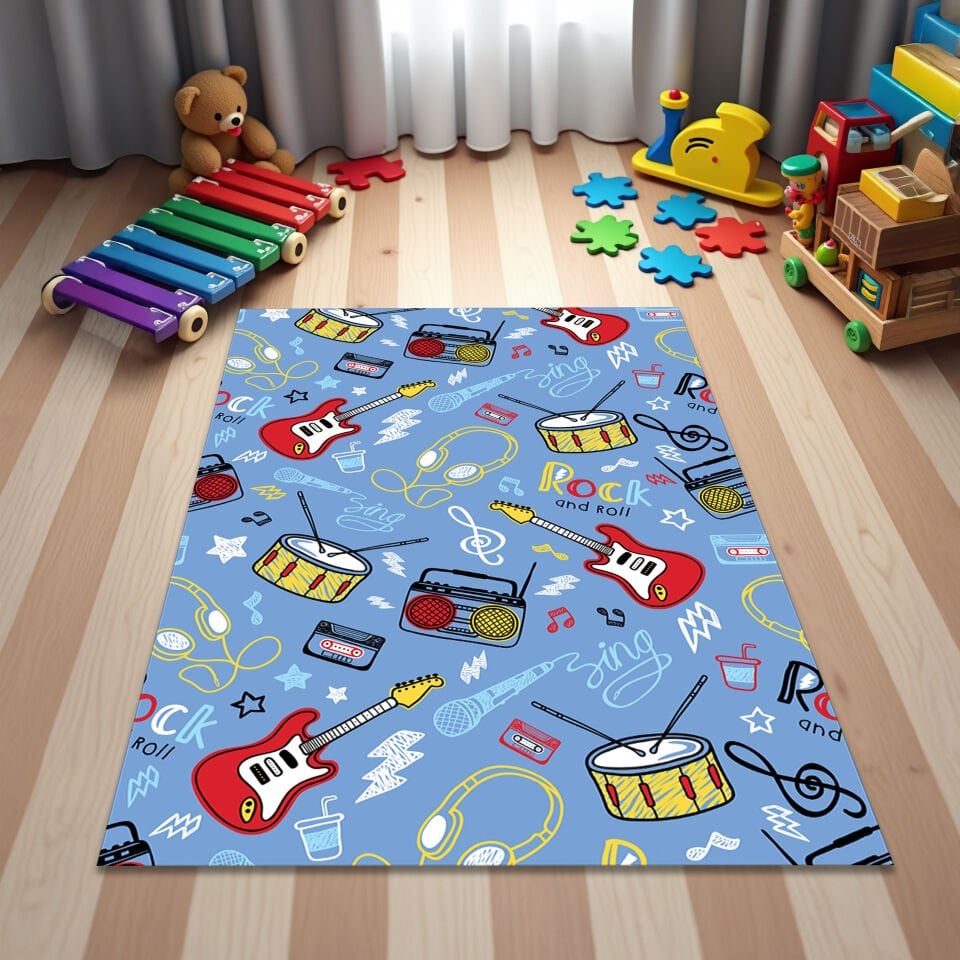 Rock and Roll Themed Kids Rug – Colorful Music Pattern Carpet for Boys and Girls Playroom or Bedroom