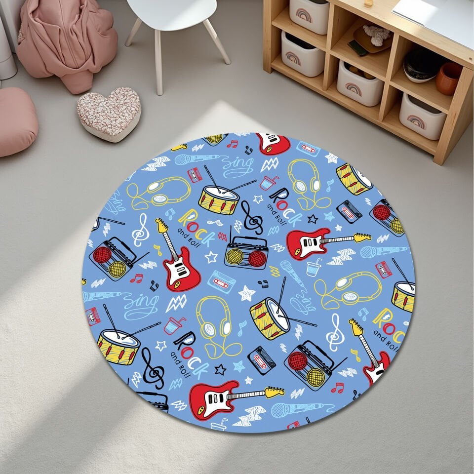Rock and Roll Themed Kids Rug – Colorful Music Pattern Carpet for Boys and Girls Playroom or Bedroom