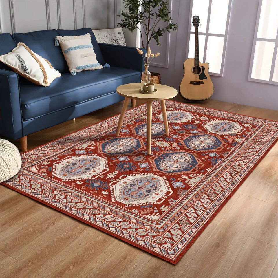 Red Oriental Area Rug Geometric Tribal Pattern Decorative Carpet