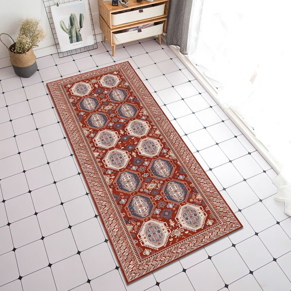 Red Oriental Area Rug Geometric Tribal Pattern Decorative Carpet