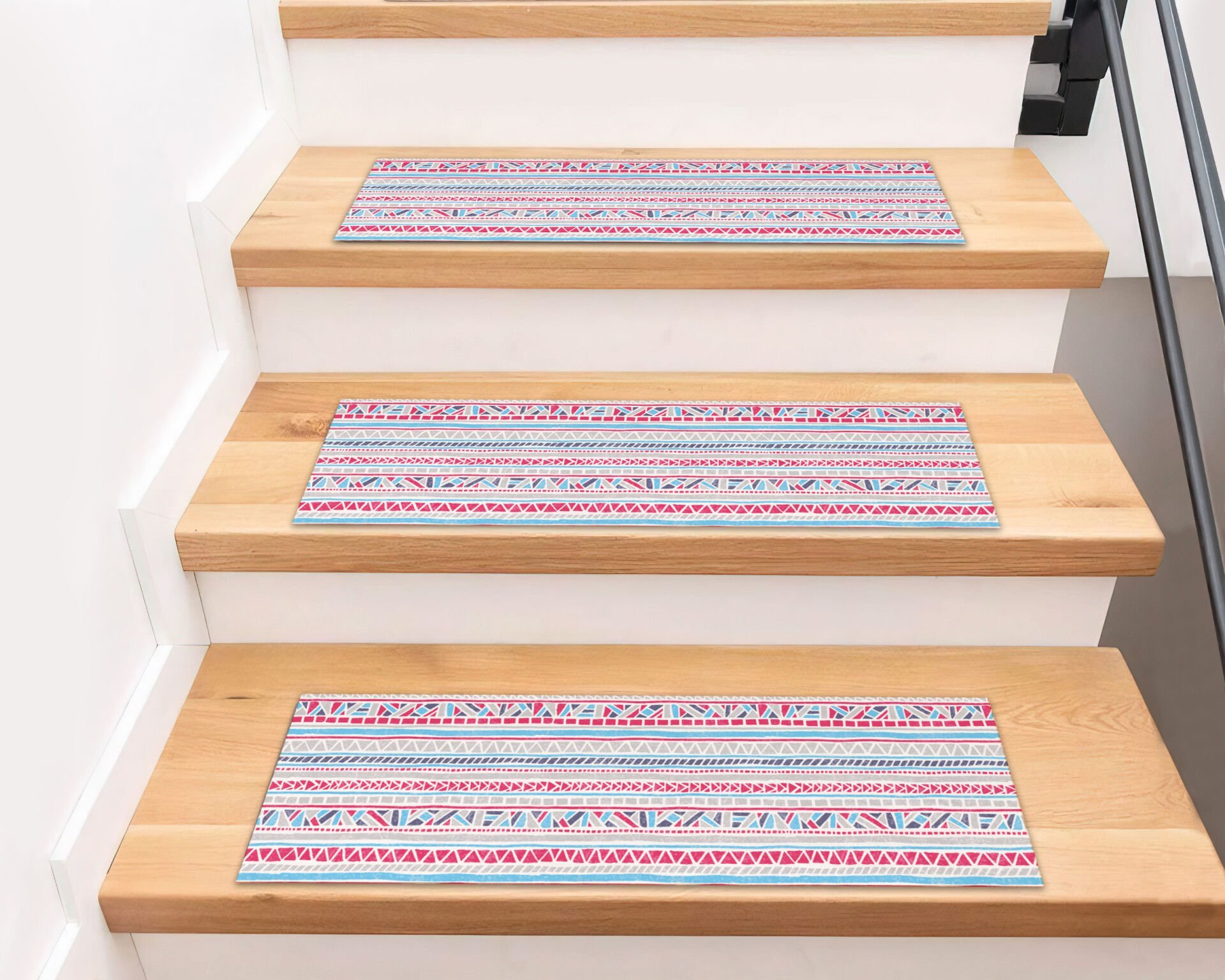 Boho Aztec-Inspired Stair Treads – Pink & Teal Tribal Pattern