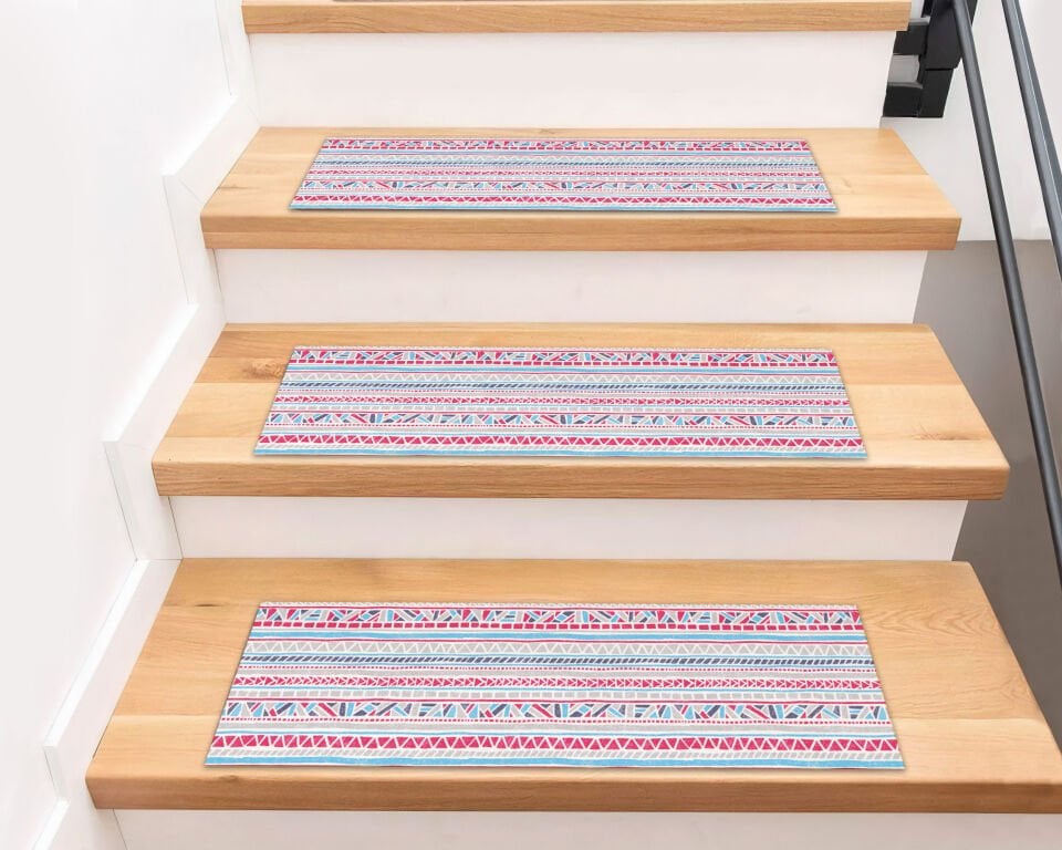 Boho Aztec-Inspired Stair Treads – Pink & Teal Tribal Pattern
