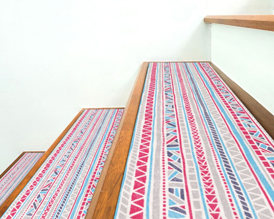 Boho Aztec-Inspired Stair Treads – Pink & Teal Tribal Pattern