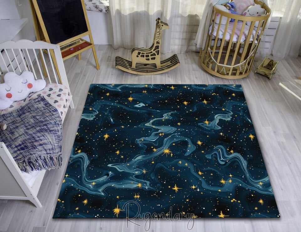 Deep Space Kids Room Rug – Starry Night Galaxy Carpet for Playroom