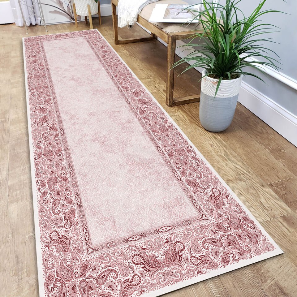 Red Paisley Border Kitchen Runner Rug – Hallway Carpet for Kitchen