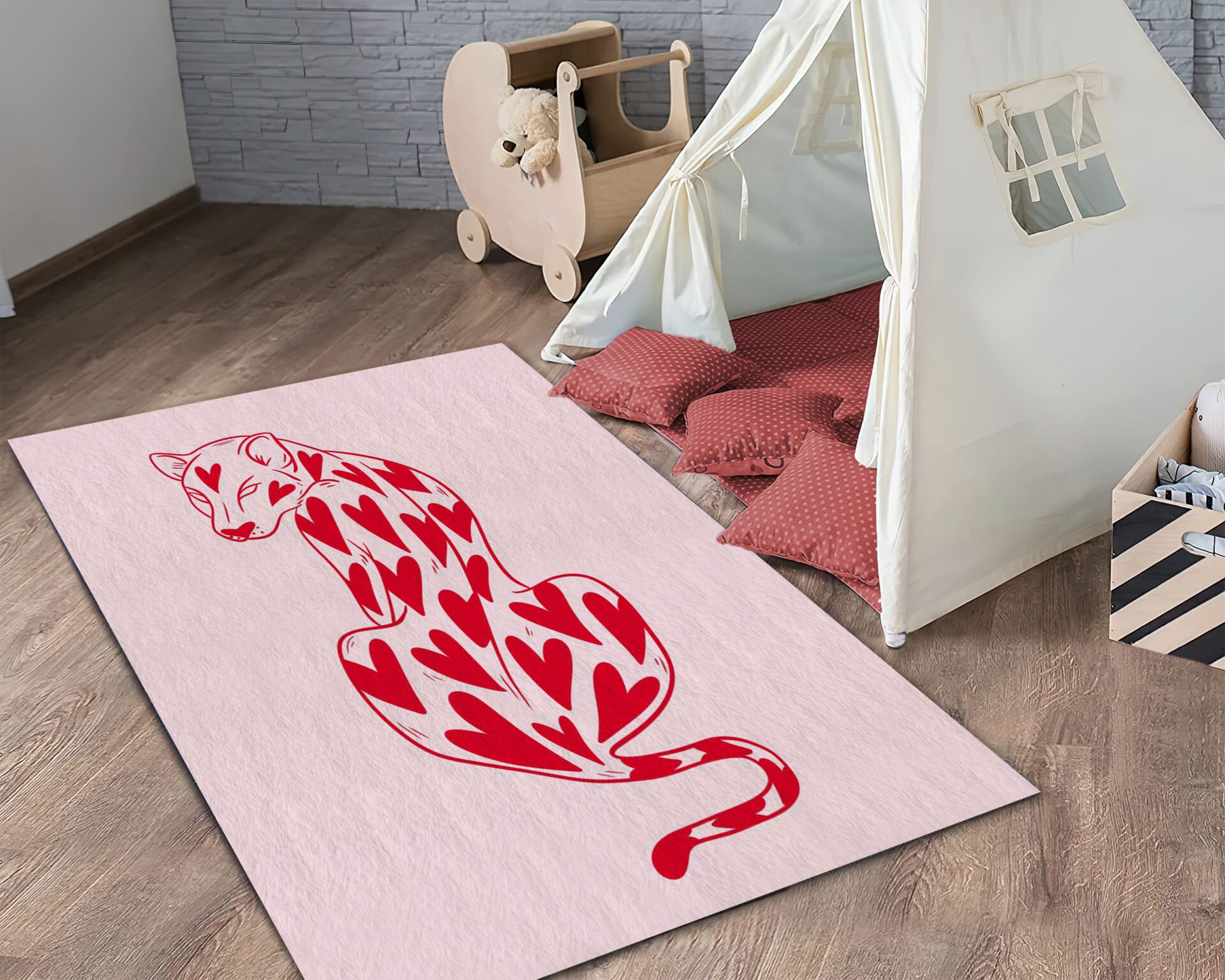 Heart Leopard Rug Funky Animal Print Carpet Bold Love Graphic Floor Mat for Modern Room Decor