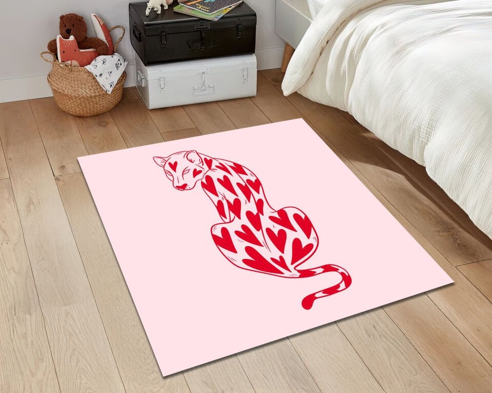 Heart Leopard Rug Funky Animal Print Carpet Bold Love Graphic Floor Mat for Modern Room Decor