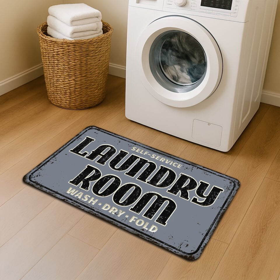 Vintage Laundry Room Rug – Self-Service Wash Dry Fold Mat – NonSlip Decorative Floor Carpet