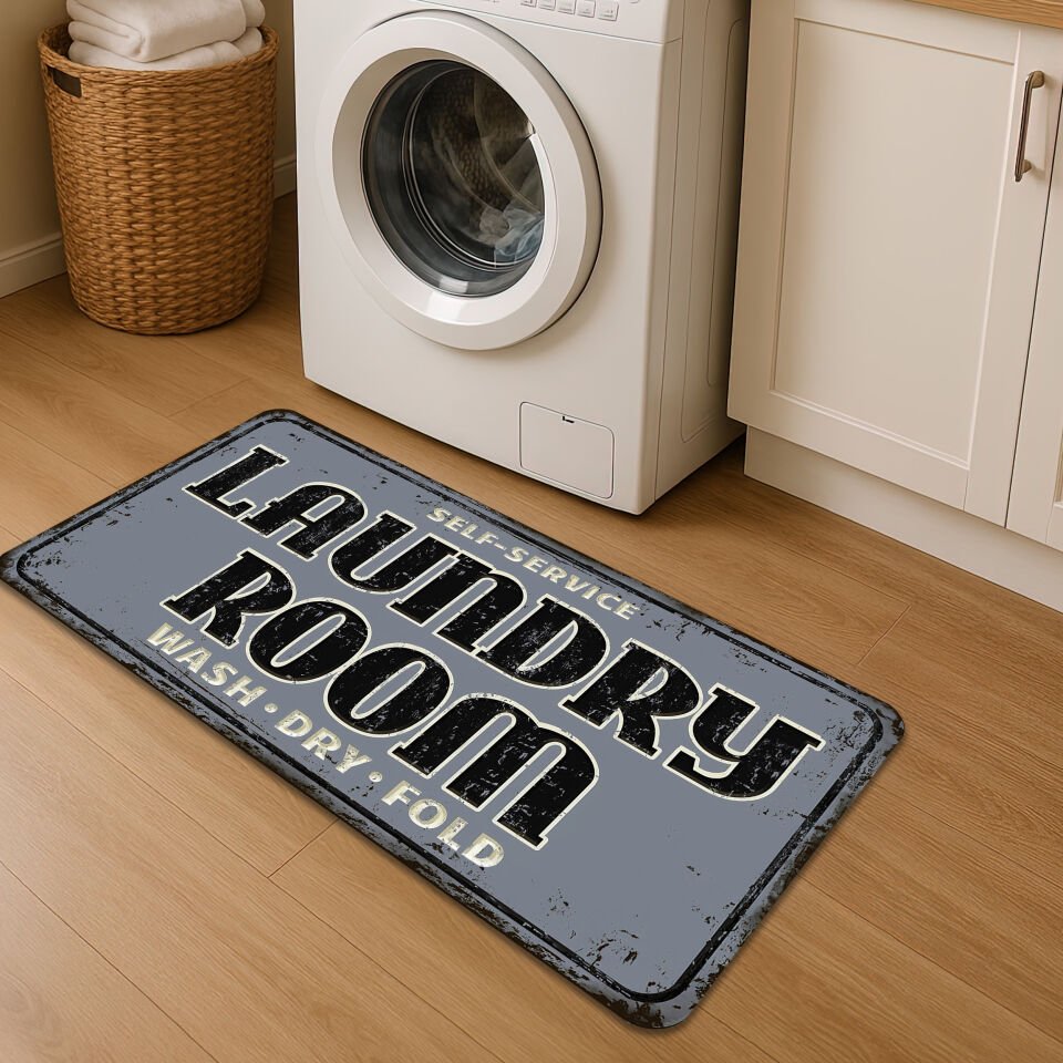 Vintage Laundry Room Rug – Self-Service Wash Dry Fold Mat – NonSlip Decorative Floor Carpet