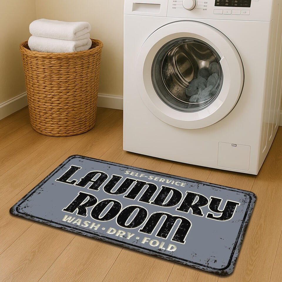 Vintage Laundry Room Rug – Self-Service Wash Dry Fold Mat – NonSlip Decorative Floor Carpet