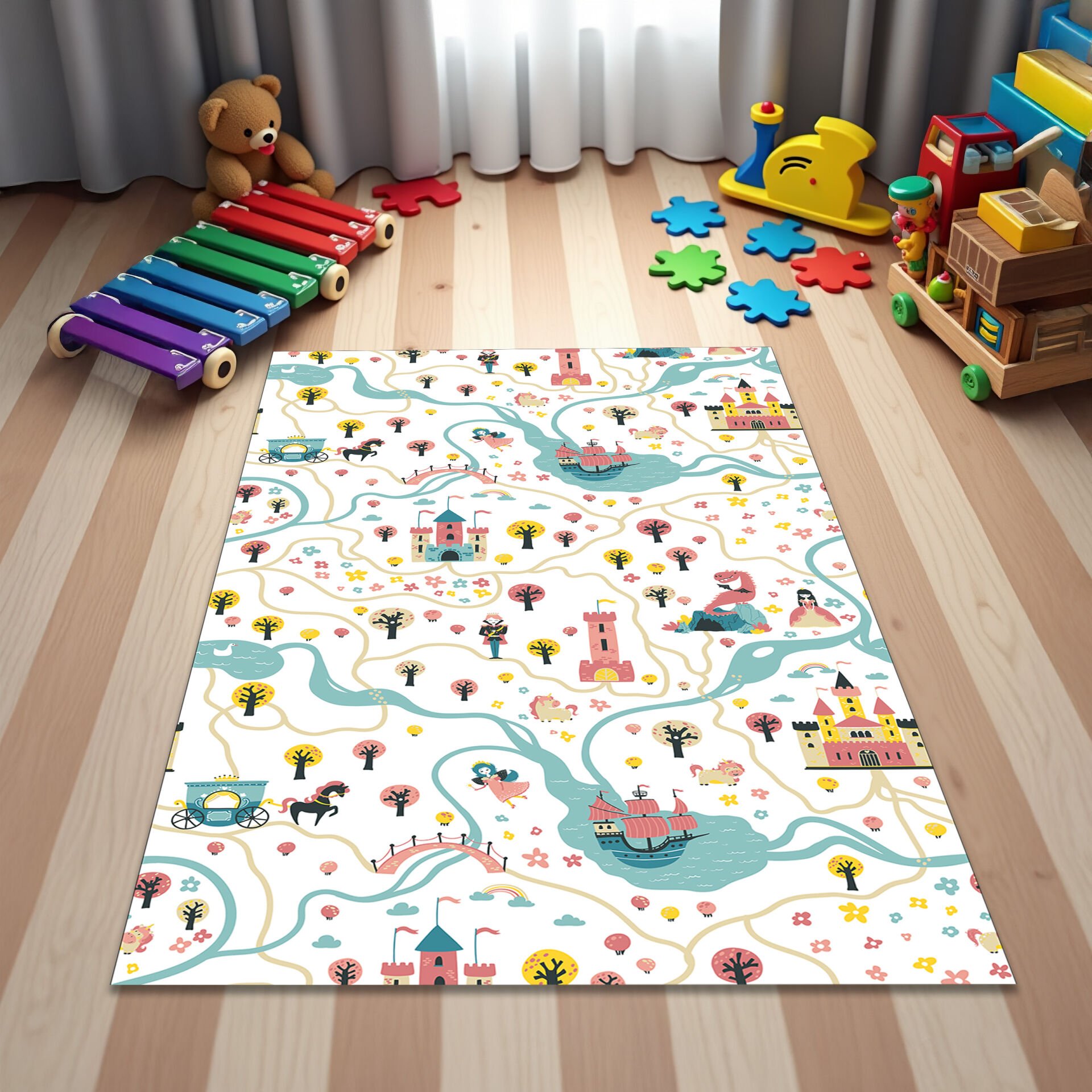 Fairy Tale Map Kids Rug – Magical Playroom Carpet