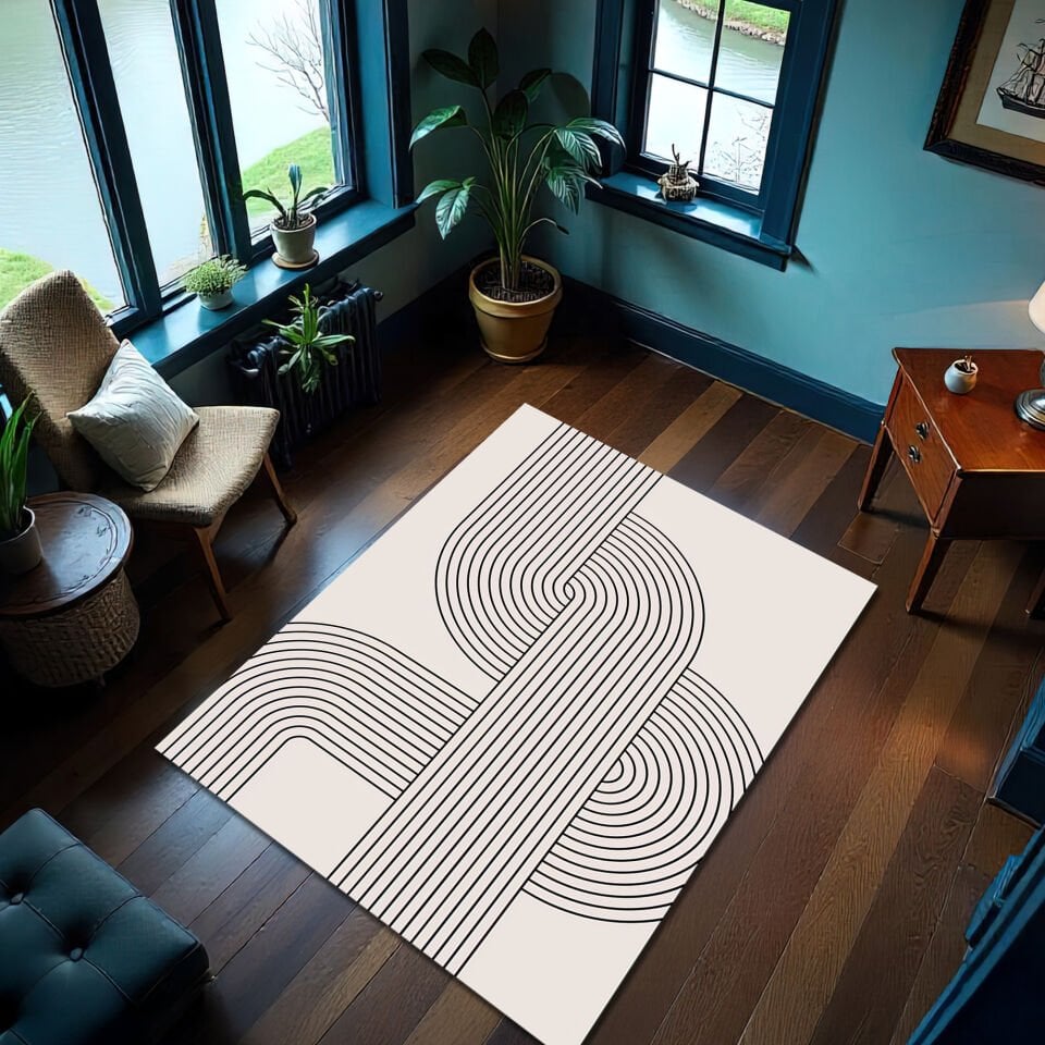 Minimalist Geometric Line Rug – Elegant Black and White Floor Art