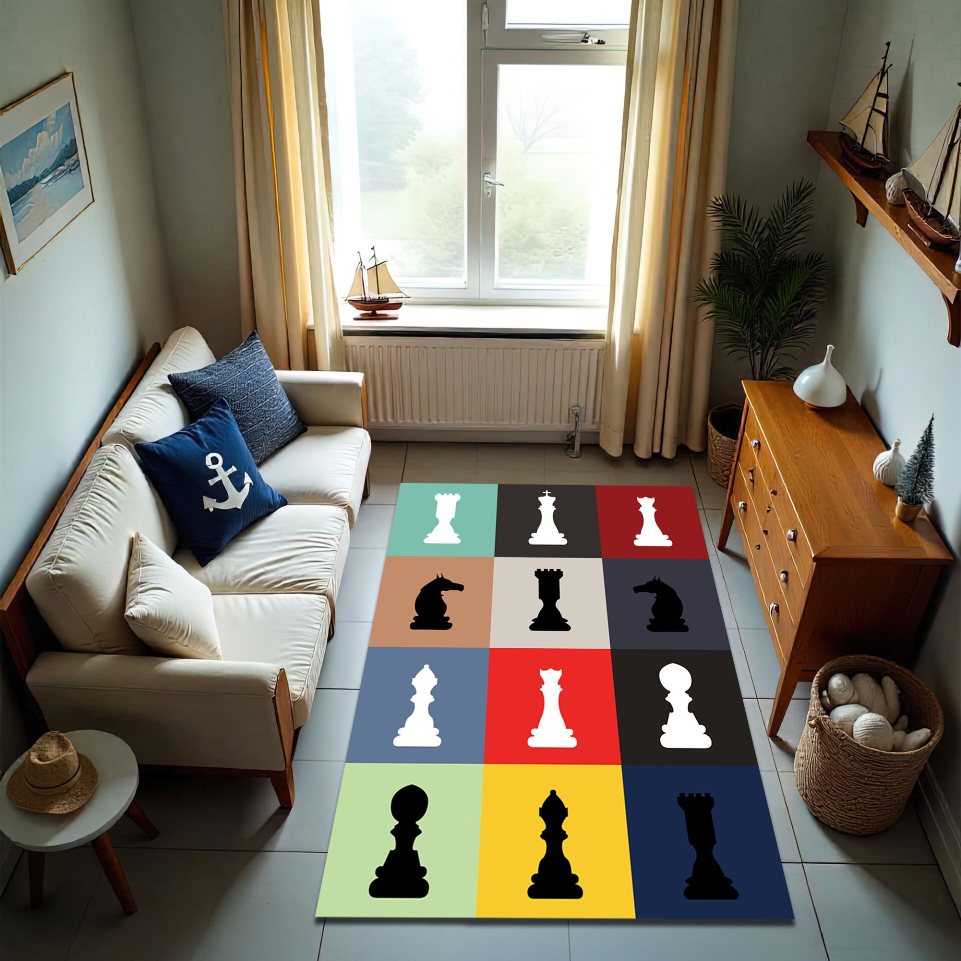 Colorful Chess Pieces Rug – Modern Game Room Carpet