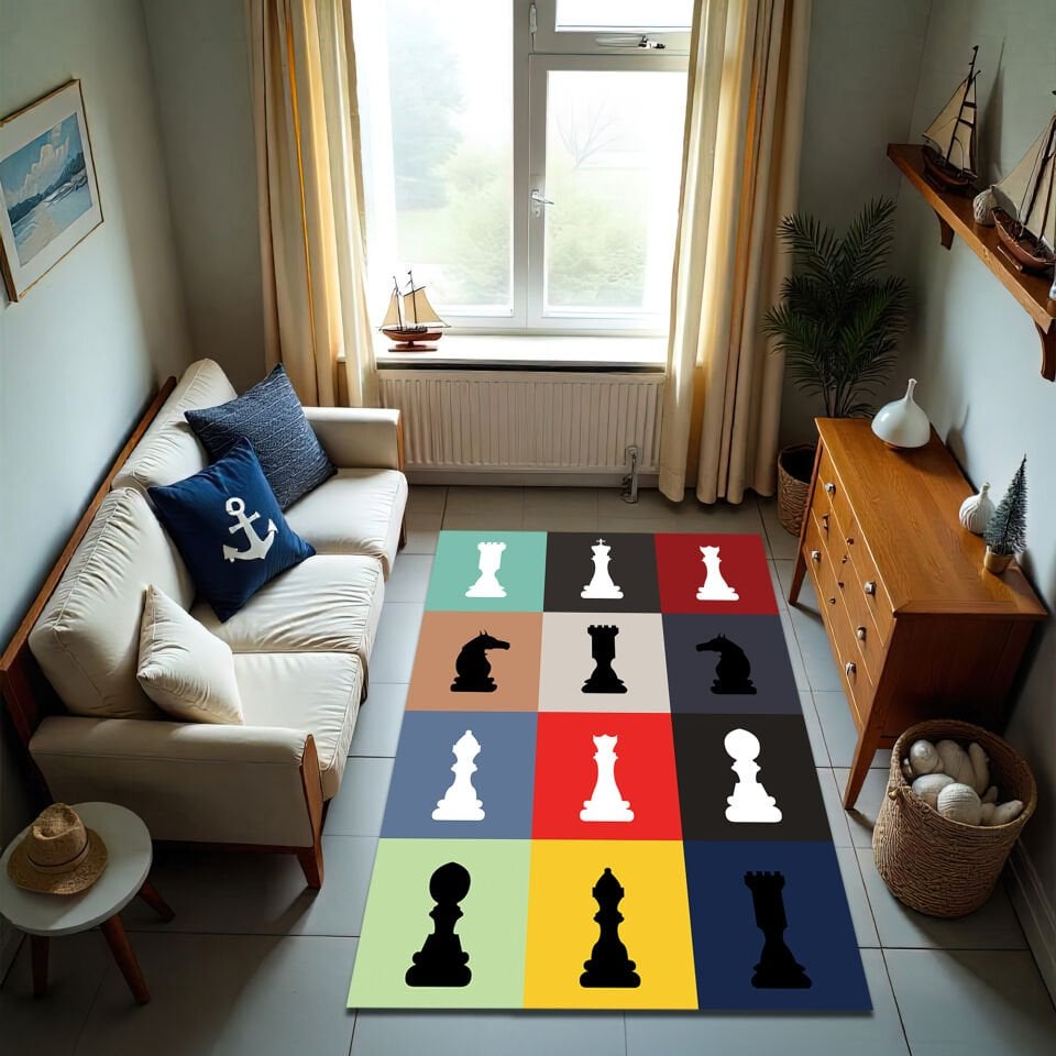 Colorful Chess Pieces Rug – Modern Game Room Carpet