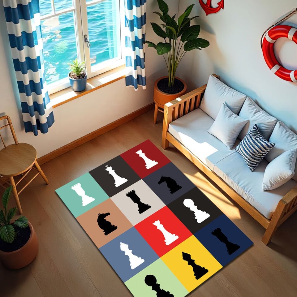 Colorful Chess Pieces Rug – Modern Game Room Carpet