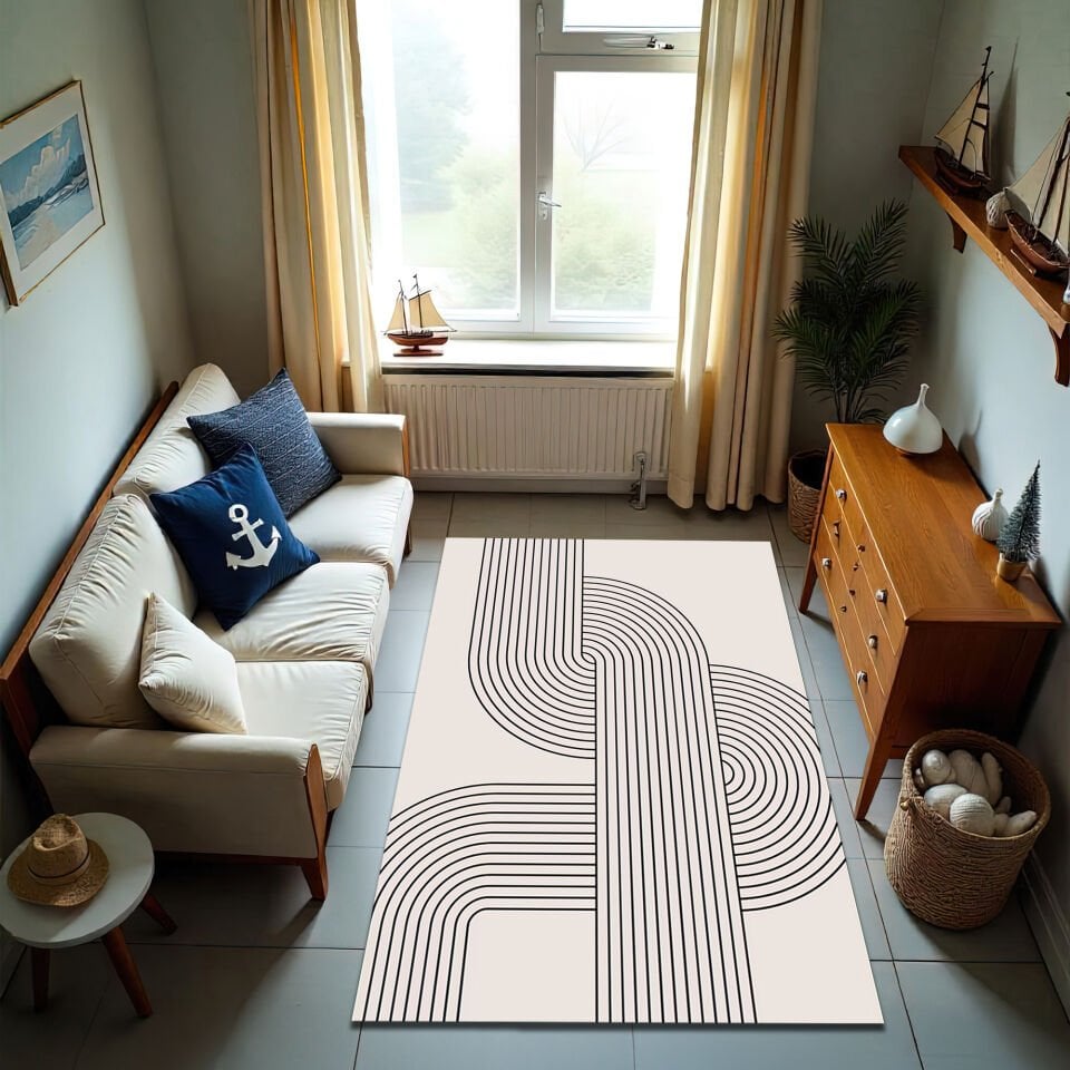 Minimalist Geometric Line Rug – Elegant Black and White Floor Art