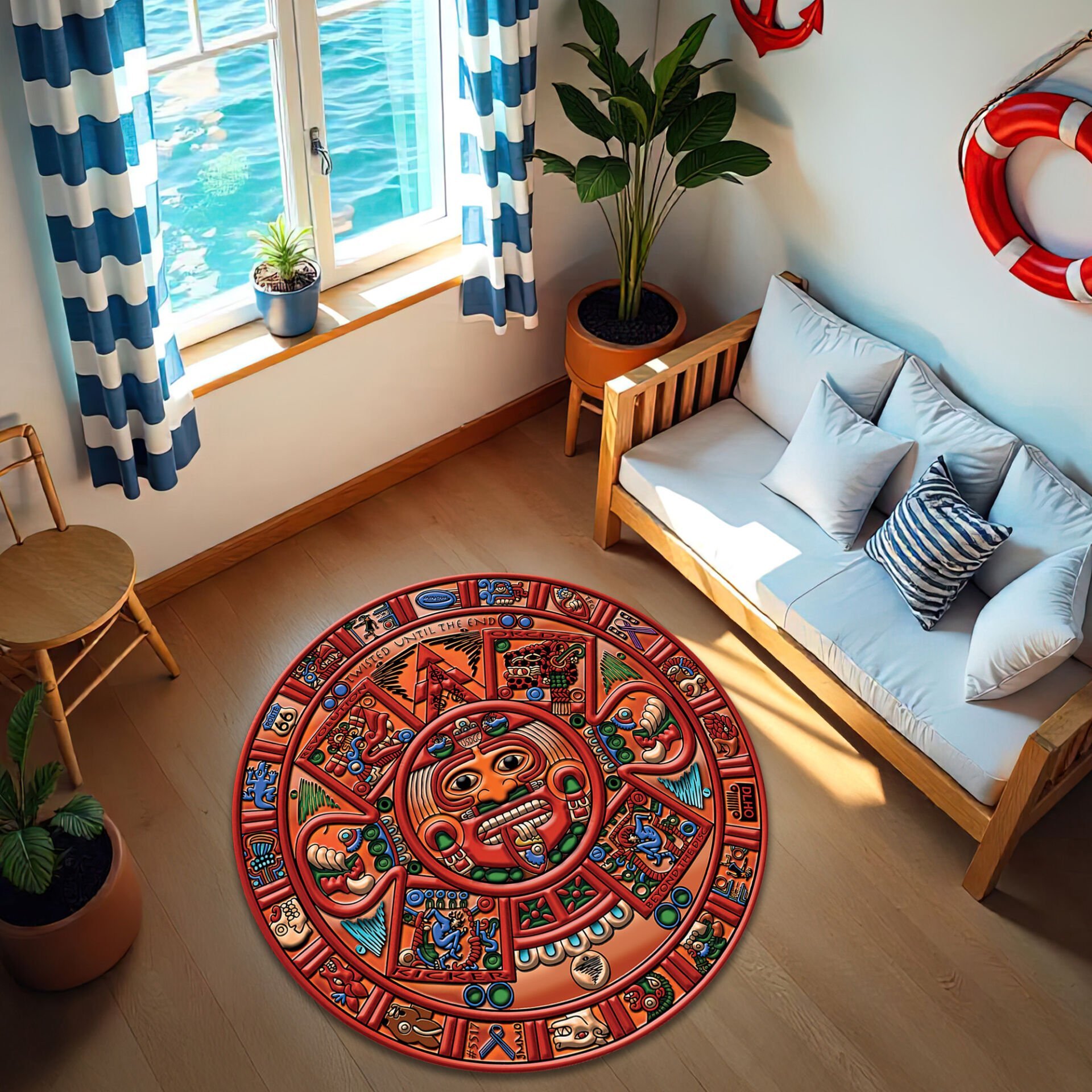 Colorful Mayan Calendar Round Rug – Ancient Tribal Art Carpet