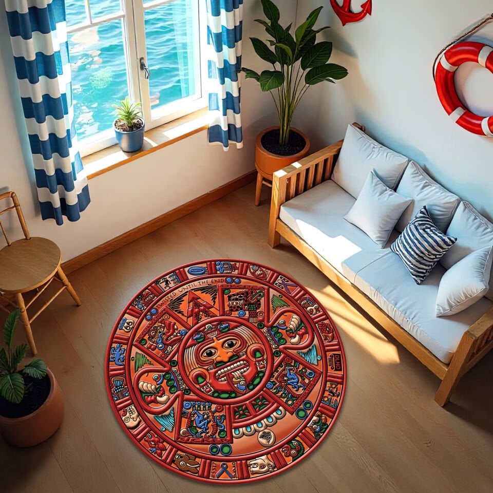 Colorful Mayan Calendar Round Rug – Ancient Tribal Art Carpet