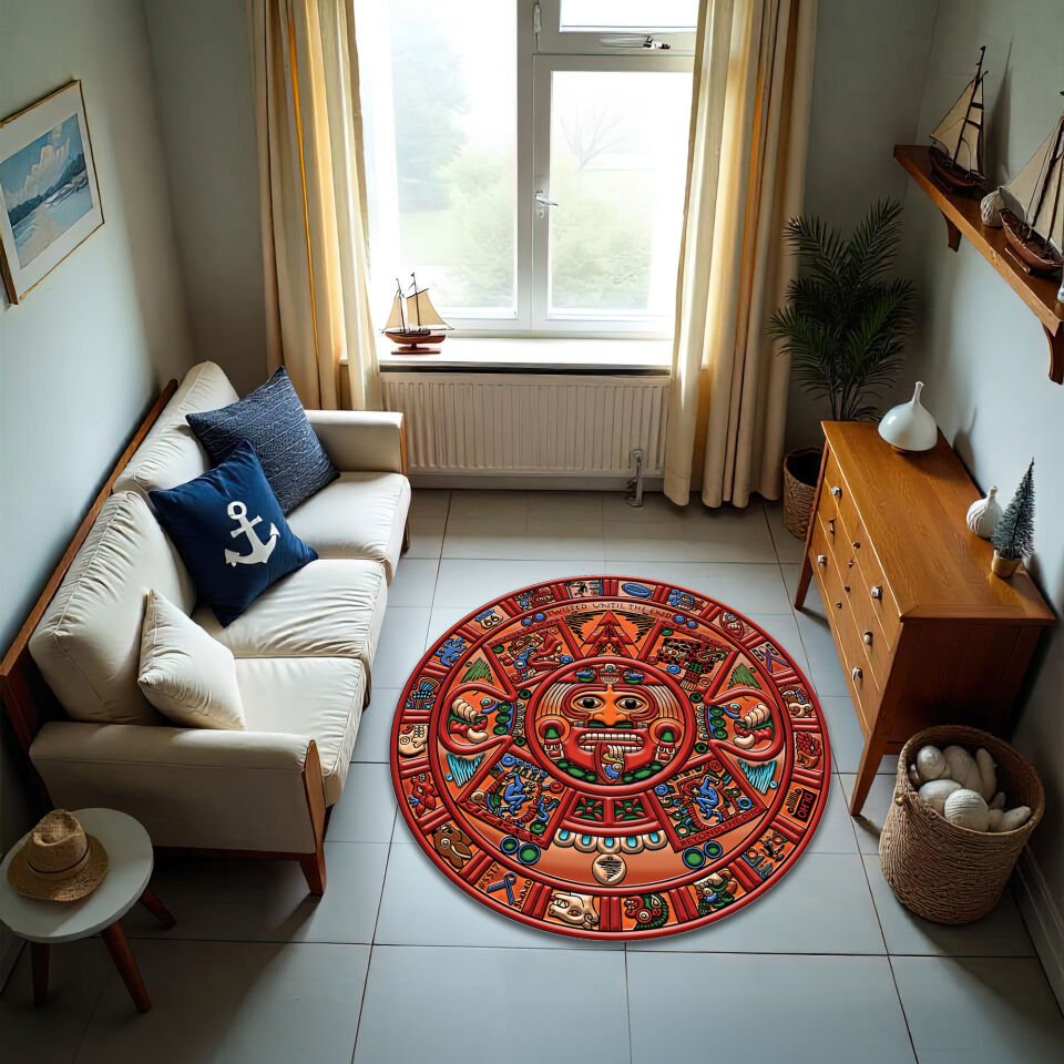 Colorful Mayan Calendar Round Rug – Ancient Tribal Art Carpet