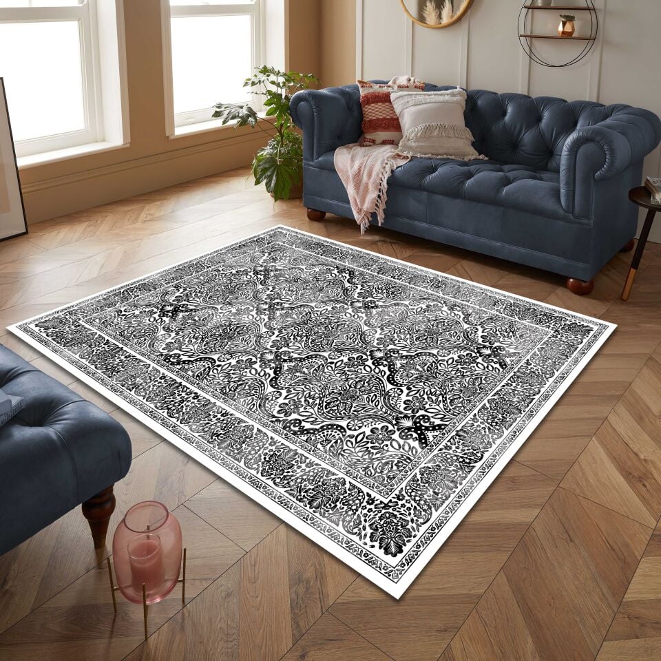 Black White Oriental Area Rug Intricate Floral Paisley Pattern Carpet