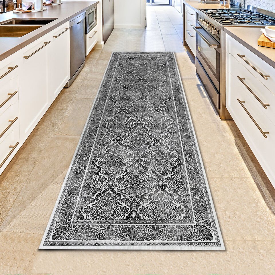 Black White Oriental Area Rug Intricate Floral Paisley Pattern Carpet