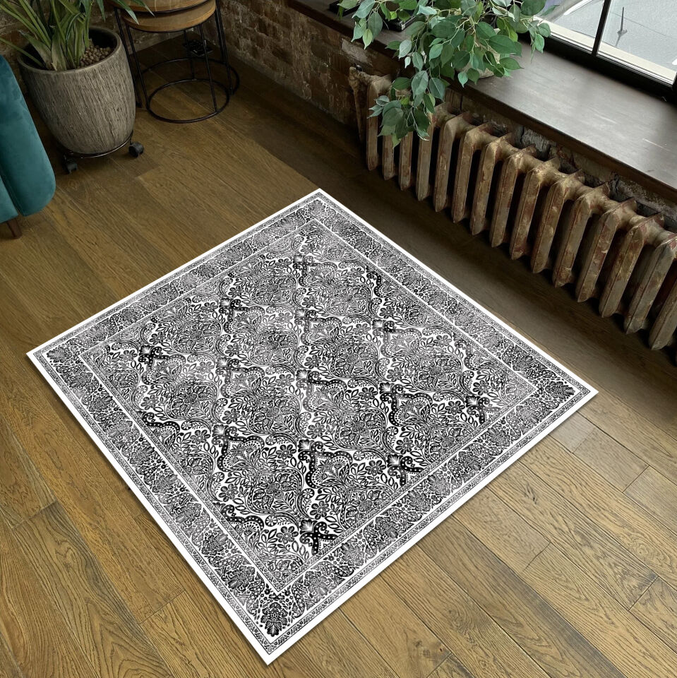 Black White Oriental Area Rug Intricate Floral Paisley Pattern Carpet