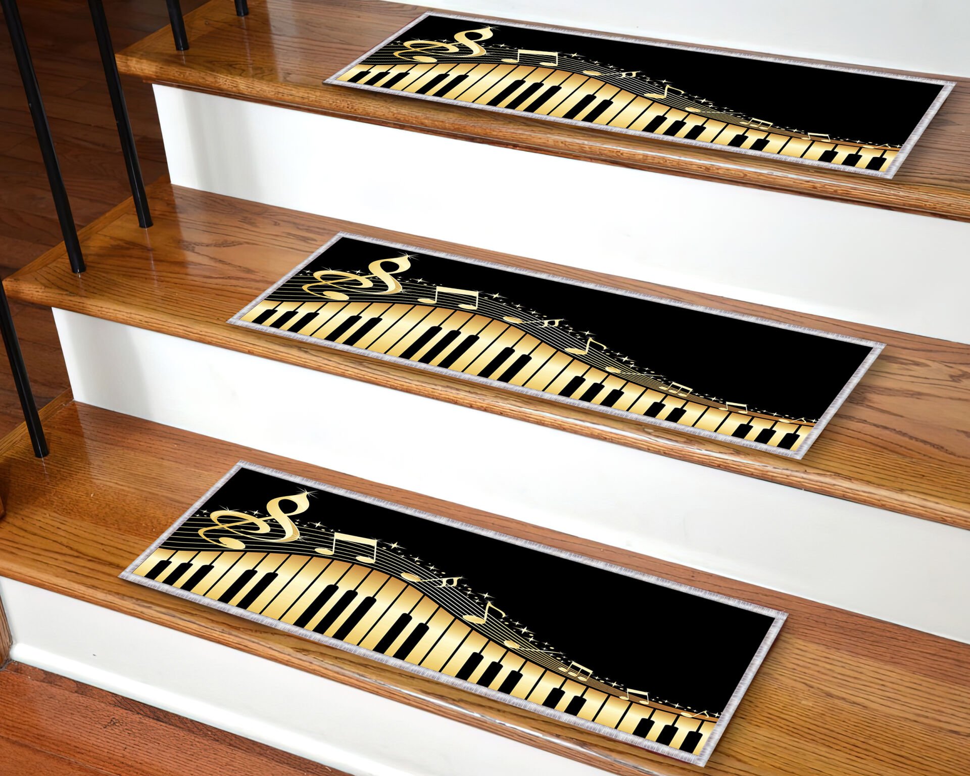Black & Gold Piano Keyboard Stair Treads – Musical Note Non-Slip Carpet Mats for Wooden Steps