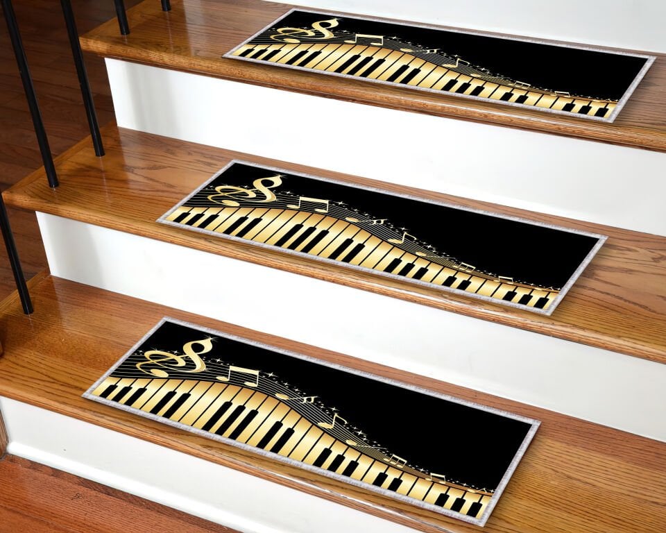 Black & Gold Piano Keyboard Stair Treads – Musical Note Non-Slip Carpet Mats for Wooden Steps