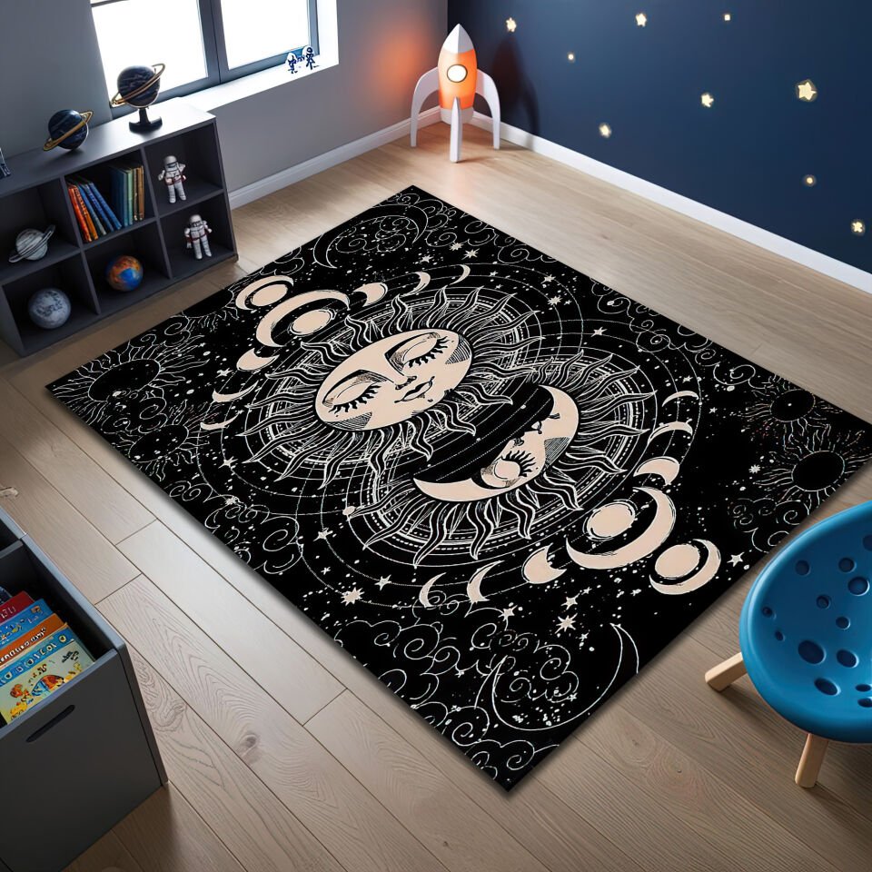 Mystical Sun and Moon Phases Kids Rug – Black & Cream Celestial Playroom Carpet