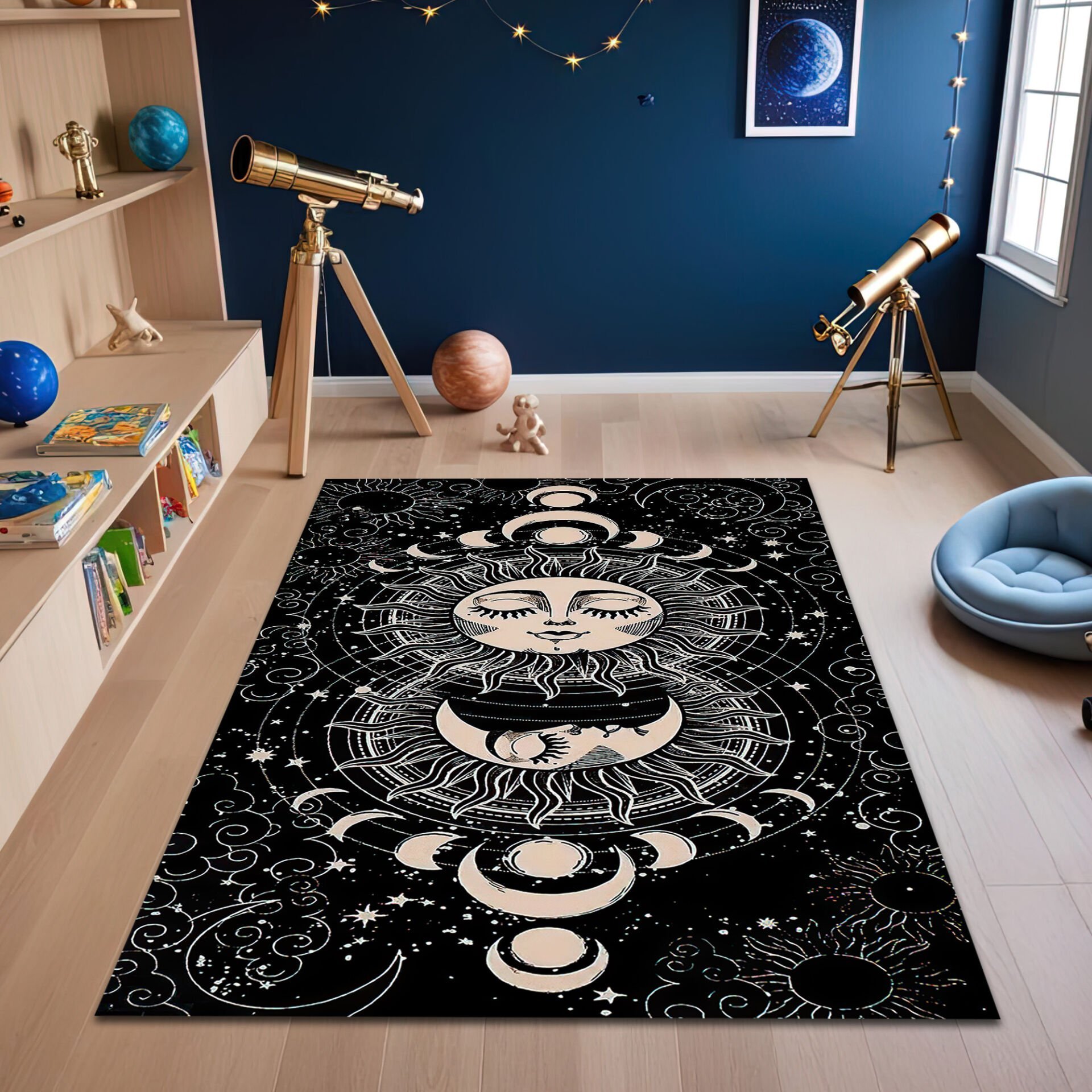 Mystical Sun and Moon Phases Kids Rug – Black & Cream Celestial Playroom Carpet