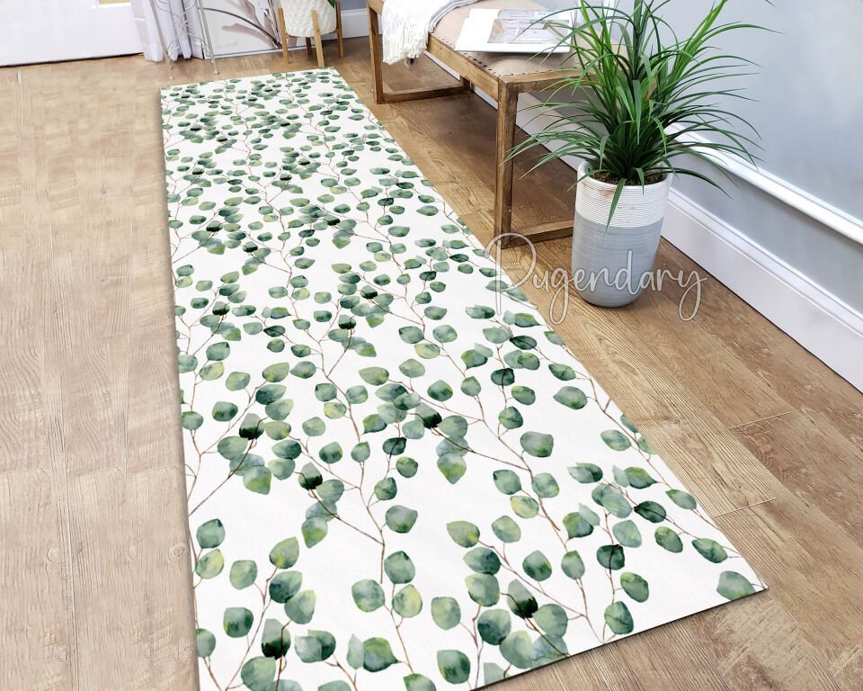 Eucalyptus Leaf Runner Rug – Nature-Inspired Washable Non-Slip Long Carpet in Green & White