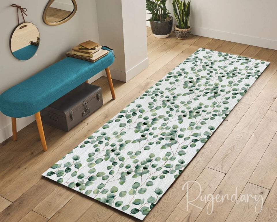 Eucalyptus Leaf Runner Rug – Nature-Inspired Washable Non-Slip Long Carpet in Green & White