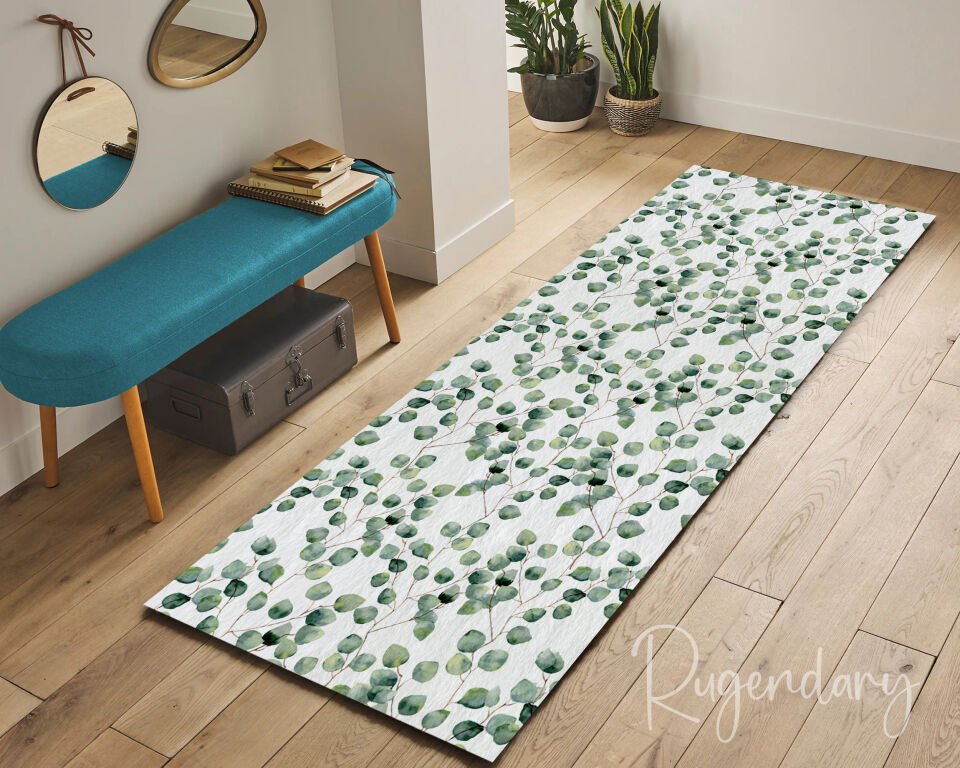 Eucalyptus Leaf Runner Rug – Nature-Inspired Washable Non-Slip Long Carpet in Green & White