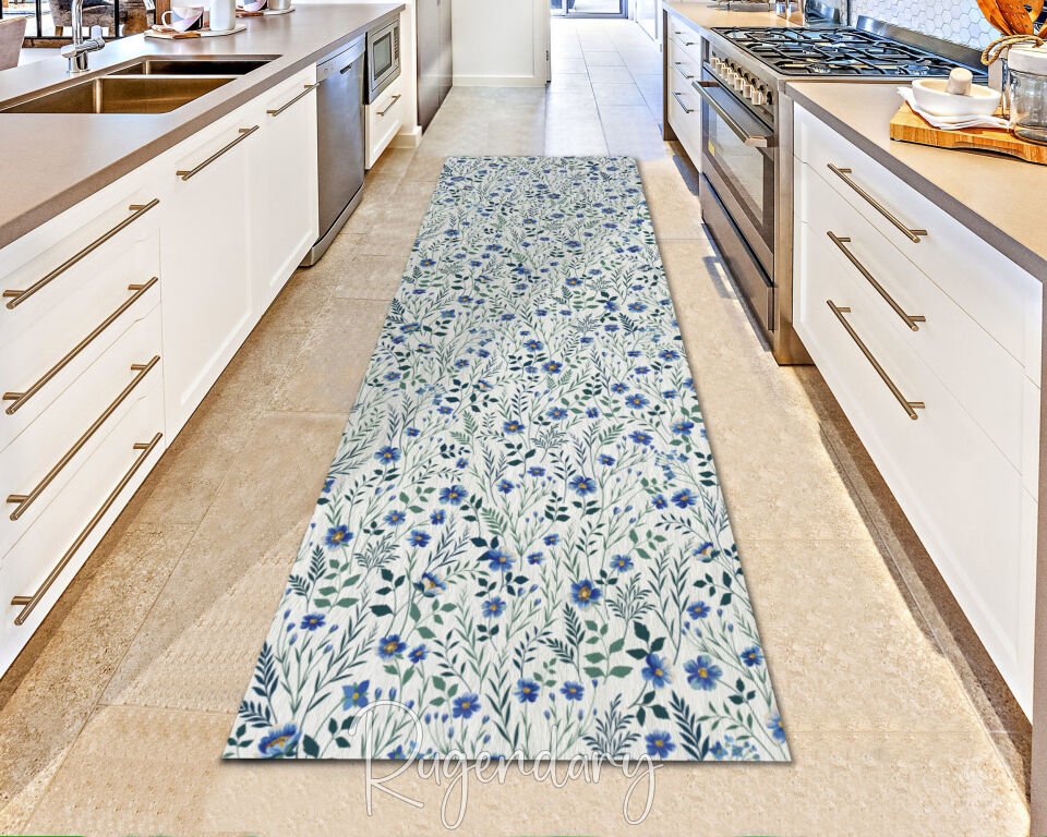 Blue Wildflower Runner Rug – Stylish Floral Carpet for Kitchen & Hallway