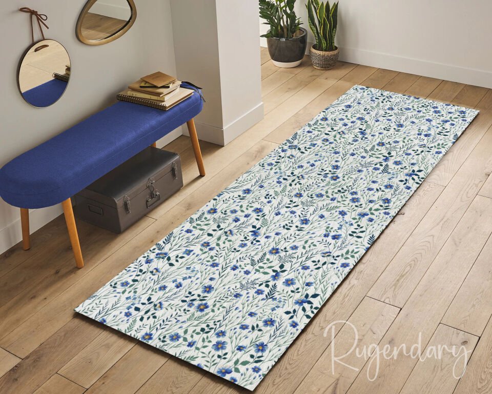 Blue Wildflower Runner Rug – Stylish Floral Carpet for Kitchen & Hallway