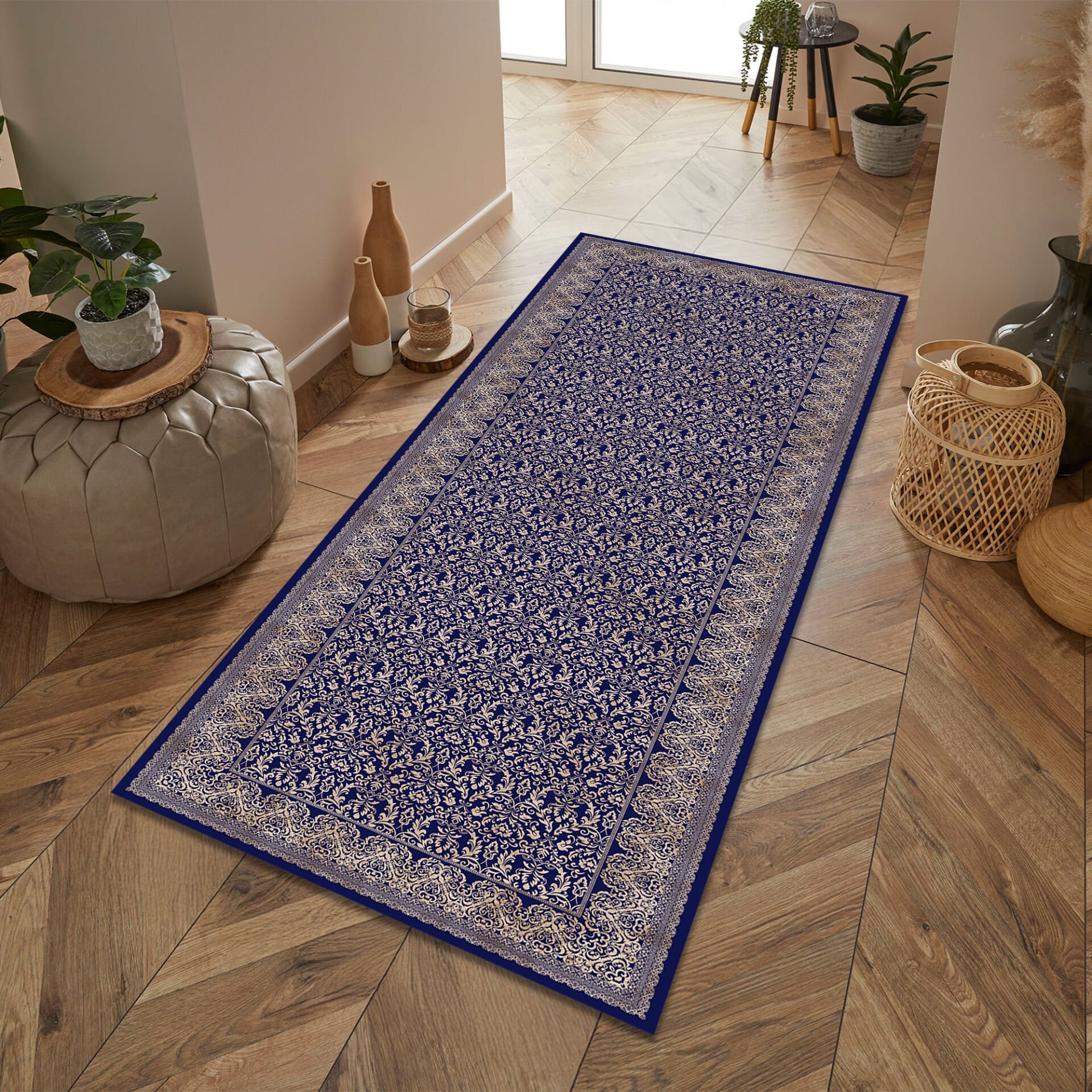 Elegant Blue Pattern Runner Rug for Hallway and Kitchen Spaces