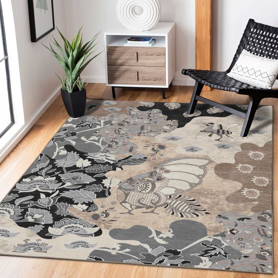 Monochrome Peacock Floral Rug Botanical Pattern Decorative Carpet